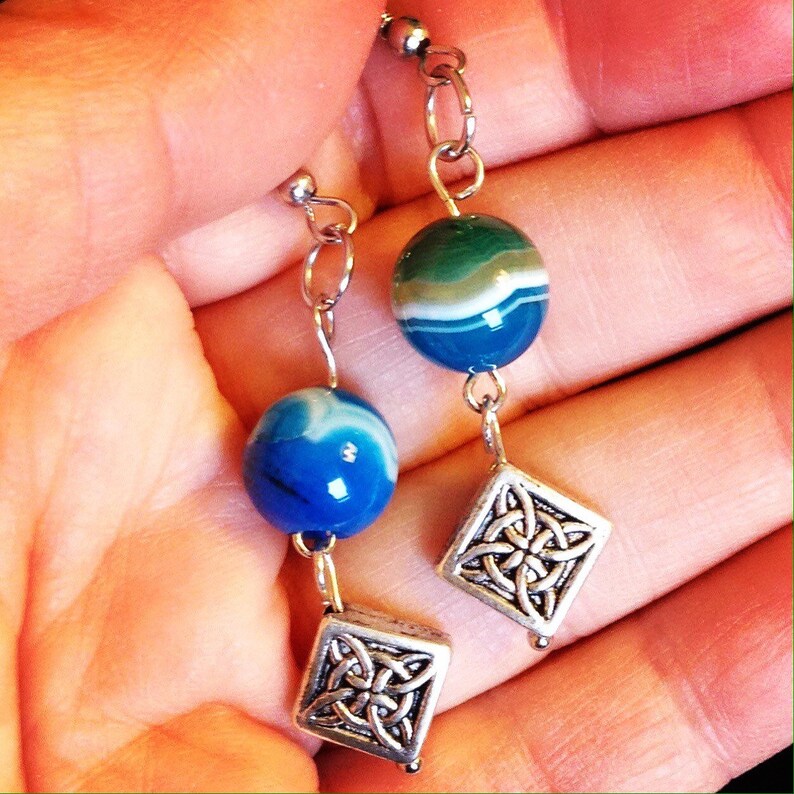 Blue Agate and Silver Filigree Earrings