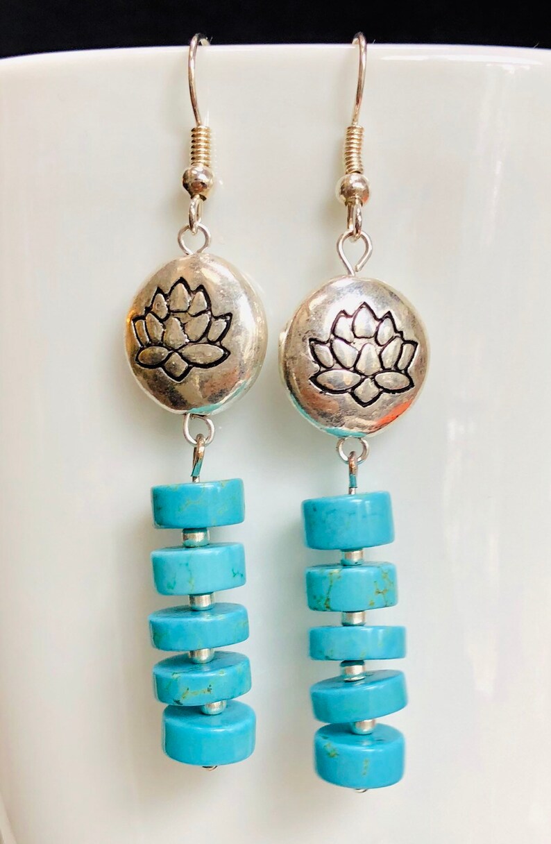 Turquoise & Lotus Flower Earrings - Image 4
