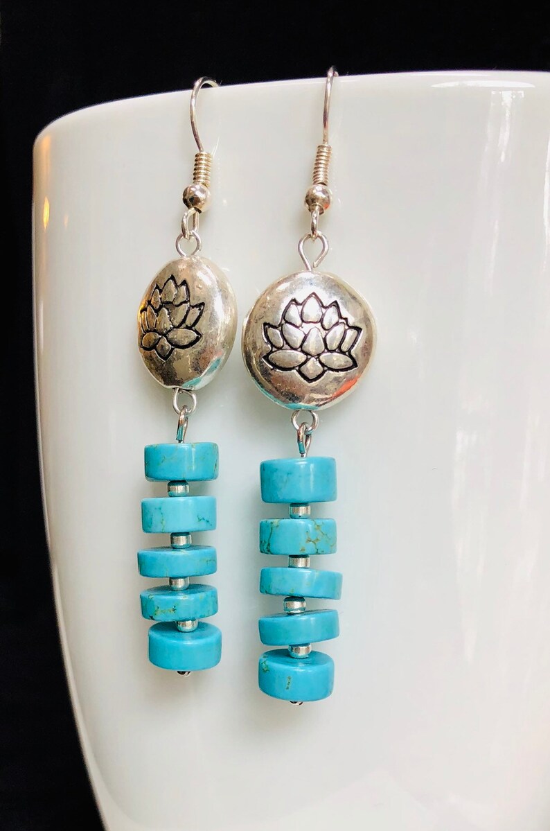 Turquoise & Lotus Flower Earrings - Image 2