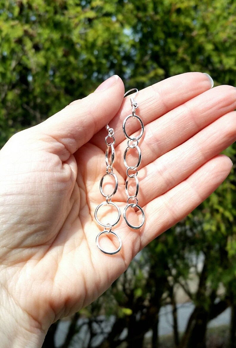 Silver Hoop Dangle Earrings - Image 4