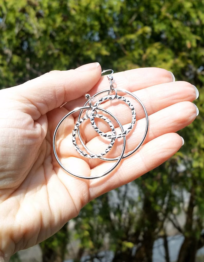 Silver Hoop Dangle Earrings - Image 4