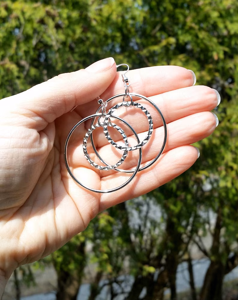 Silver Hoop Dangle Earrings - Image 7